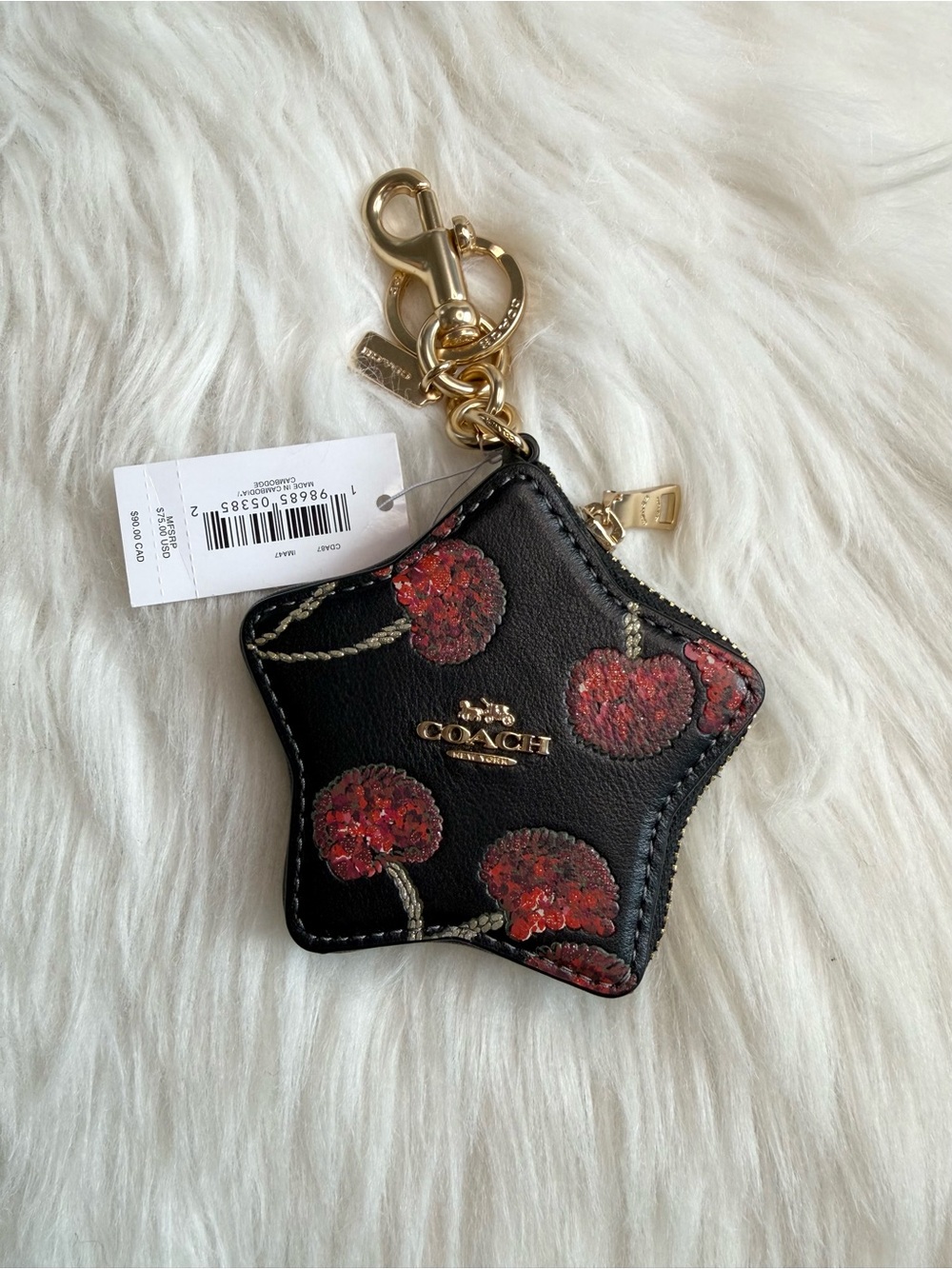 Coach Star Bag Charm with Cherry Print Gold Black Red Multi Leather CDA87 NWT